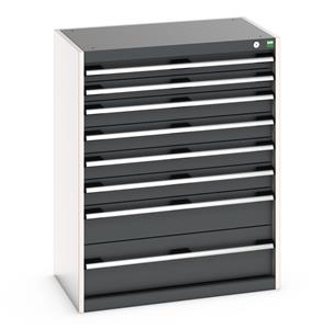 Bott Cubio drawer cabinet with overall dimensions of 800mm wide x 525mm deep x 1000mm high Cabinet consists of 2 x 75mm. 4 x 100mm, 1 x 150mm and 1 x 200mm high drawers 100% extension drawer with internal dimensions of 675mm wide x 400mm deep. The... Bott Drawer Cabinets 800 Width x 525 Depth
